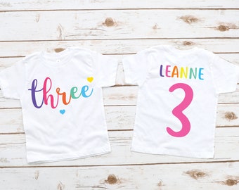 Three rainbow heart girls third 3rd birthday shirt , three shirt, birthday girl shirt, three year old birthday, 3rd birthday outfit