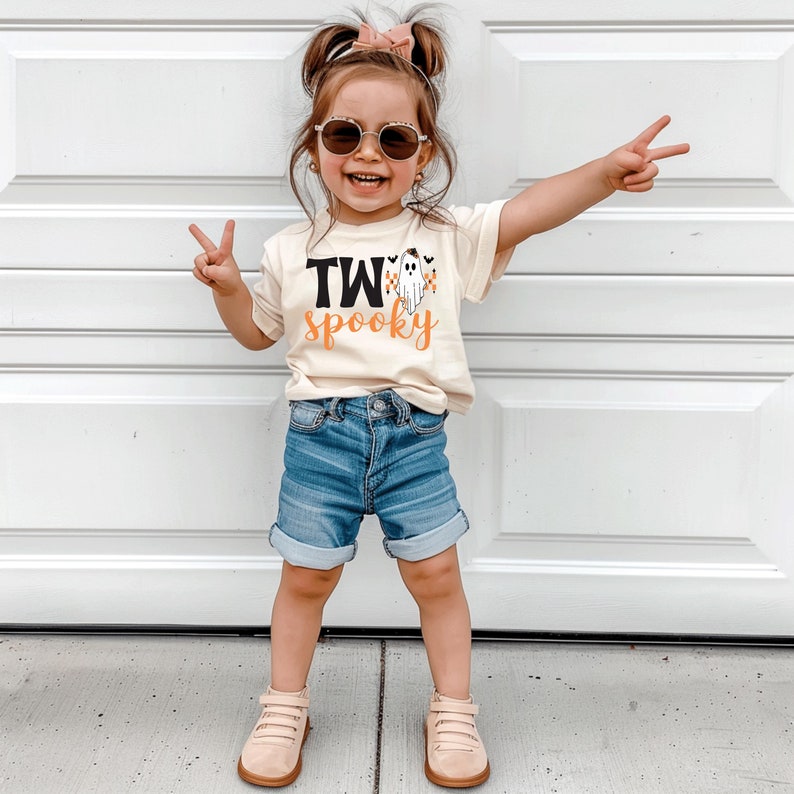 Pu&ograve; includere: Un bambino indossa una maglietta color crema con le parole "TWO SPOOKY" in nero e arancione, insieme a una grafica di fantasmi. Il bambino indossa anche pantaloncini di jeans, occhiali da sole e scarpe color cuoio. Il bambino sorride e fa il segno della pace.