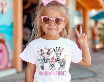 Young wild and three, Girls 3rd third birthday, three year outfit, girl birthday shirt, 3 year old birthday shirt, 3rd birthday gift girl