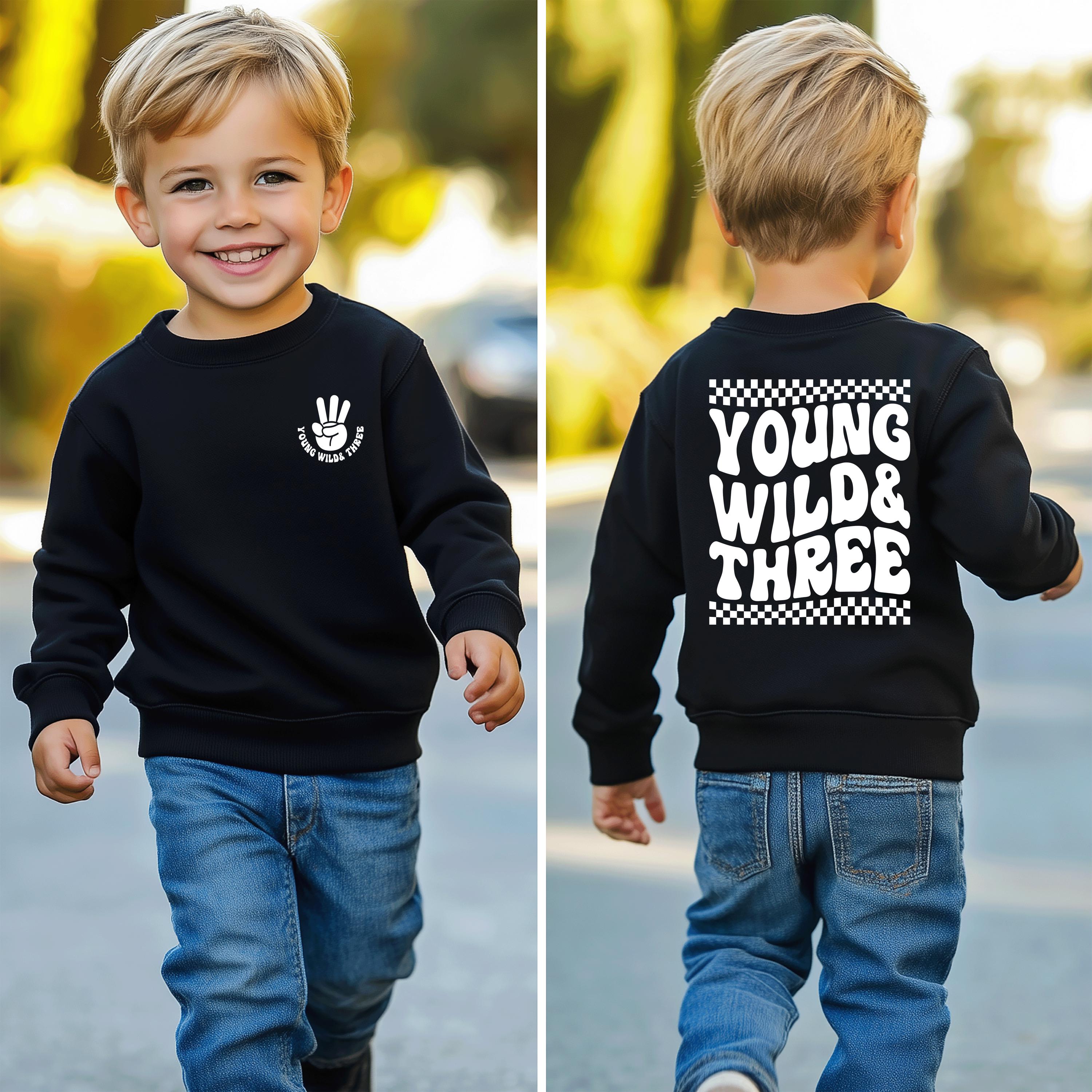 Young wild and three, Boys 3rd third birthday, birthday sweatshirt, boy birthday shirt, 3 year old birthday shirt, 3rd birthday gift boy
