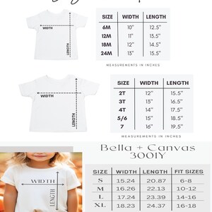 Puede incluir: Tabla de tallas para camisetas unisex Bella + Canvas 3001Y. La tabla muestra las medidas en pulgadas para las tallas 6M a 24M, 2T a 7 y S a XL. Tambi&eacute;n se indican las tallas de ajuste para las tallas S a XL.