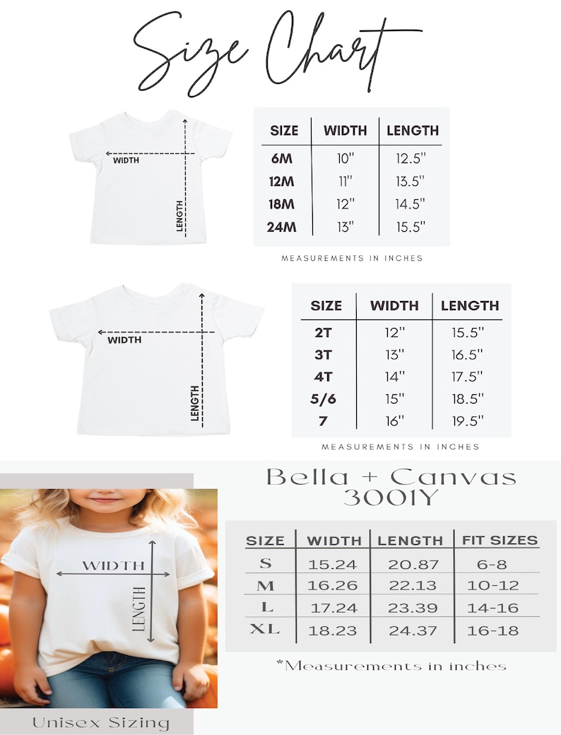 Puede incluir: Tabla de tallas para camisetas unisex Bella + Canvas 3001Y. La tabla muestra las medidas en pulgadas para las tallas 6M a 24M, 2T a 7 y S a XL. Tambi&eacute;n se indican las tallas de ajuste para las tallas S a XL.
