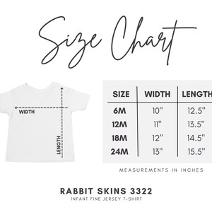 May include: A size chart for a Rabbit Skins 3322 infant fine jersey t-shirt. The graphic shows a white t-shirt outline with width and length arrows, and a table listing sizes 6M, 12M, 18M, and 24M with corresponding measurements in inches.