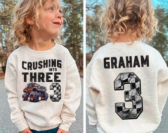 Crushing into Three, Monster truck sweater, monster truck party, birthday boy shirt, racing shirt, truck shirt, custom race birthday shirt
