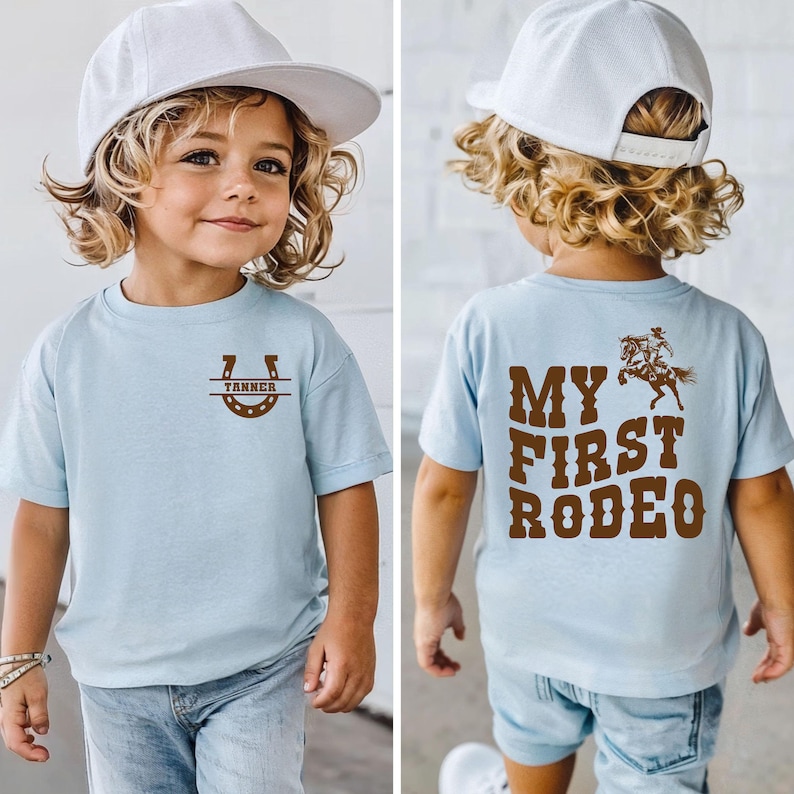 My First Rodeo Shirt, Boys Western Birthday Outfit, Cowboy 1st Birthday Tee, Personalized Name Horseshoe Shirt, Rodeo Theme Party Shirt BLUE
