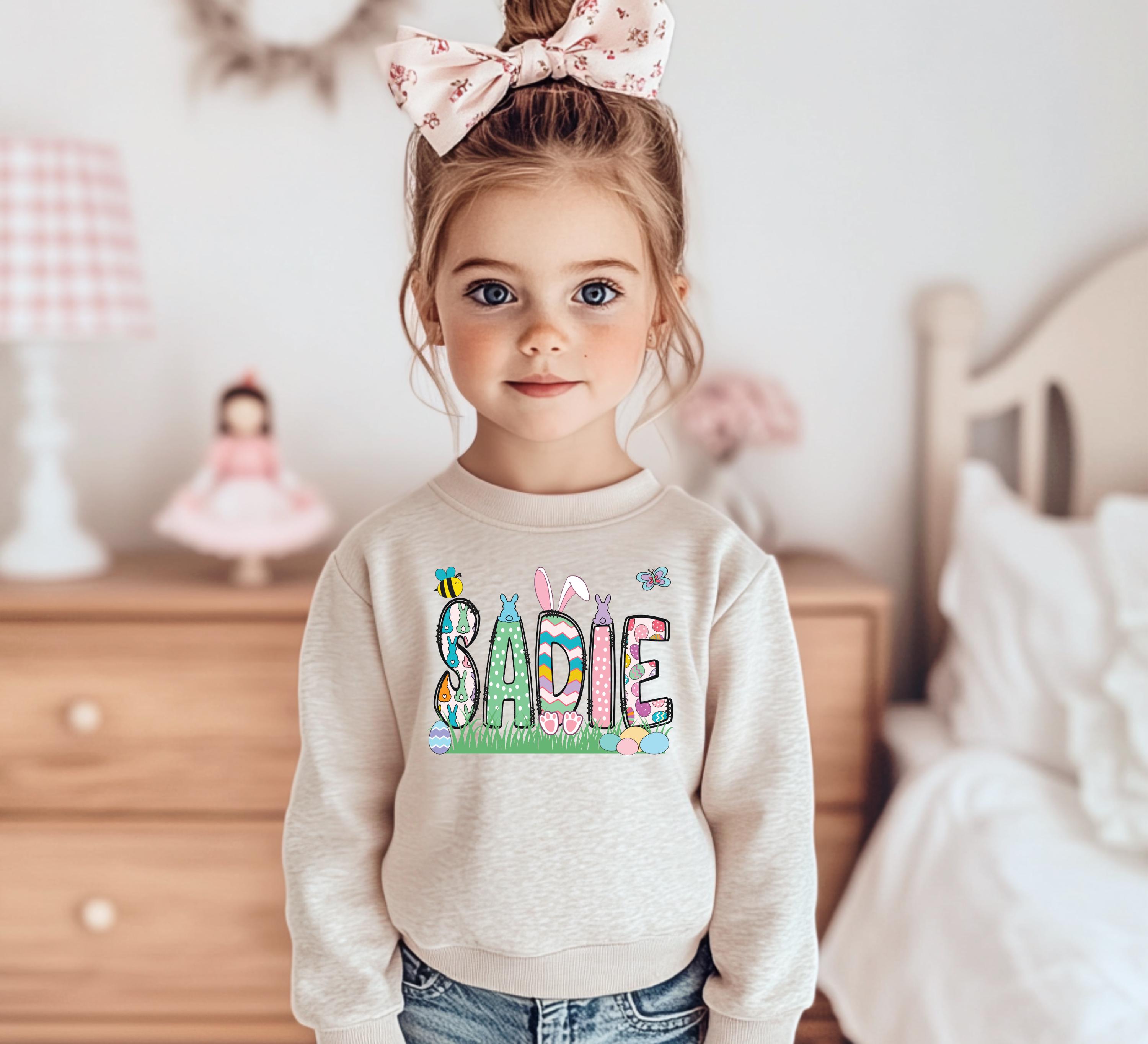 Mädchen Personalisierter Osterpullover, Kinder Ostershirt, Kleinkind Ostern, Osterpullover, Retro Ostern, Kinder Ostergeschenk, personalisiertes Shirt