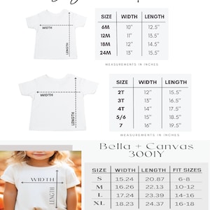 May include: A size chart for children's t-shirts, with measurements in inches. The chart includes sizes from 6 months to XL, with width and length dimensions provided for each size. The text "Unisex Sizing" is at the bottom.