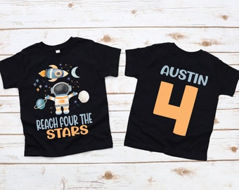 Reach four the stars, space birthday, space birthday shirt, 4th birthday shirt, rocket shirt, outer space birthday, space theme family shirt