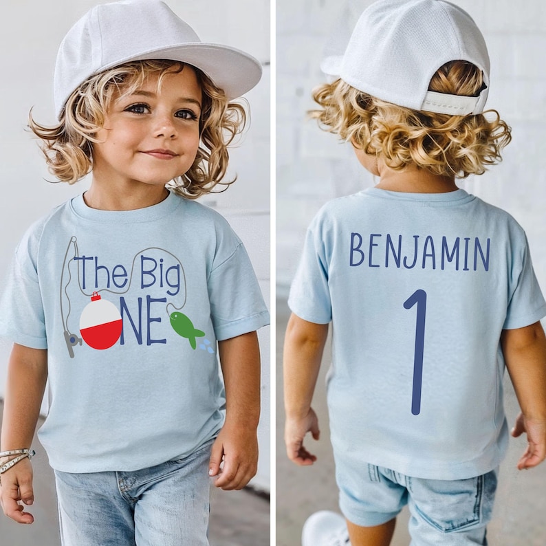 The Big ONE, Fishing First Birthday, Boy Birthday Outfit, Personalized Name & Number Back, 1st Birthday Fishing Theme, Toddler Birthday Tee BLUE