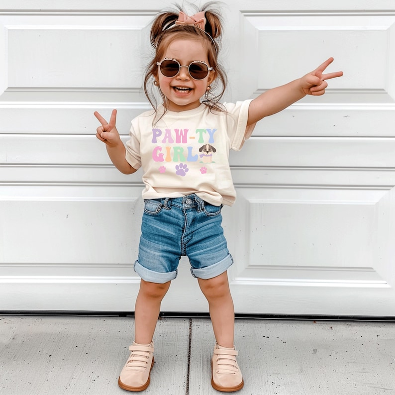 May include: A toddler girl's outfit featuring a cream-colored t-shirt with the text 'PAW-TY GIRL' in pastel rainbow colors and a small dog graphic. The outfit also includes denim shorts and light beige shoes.