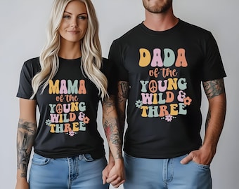 Young Wild And Three Retro Groovy Peace Shirt, Girl's Birthday Shirt, Young Wild and Three Shirt, Matching Groovy Family , Retro Birthday
