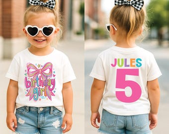 Neon Bow Birthday Girl Shirt, Personalized Name and Age Tee, Rainbow Kids Birthday Outfit, Any Age Toddler Birthday, Rainbow Birthday Girl
