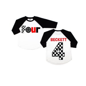 Four race car boy 4th birthday shirt, racecar birthday, birthday boy shirt, race car birthday party, race car t-shirt, boys fourth birthday