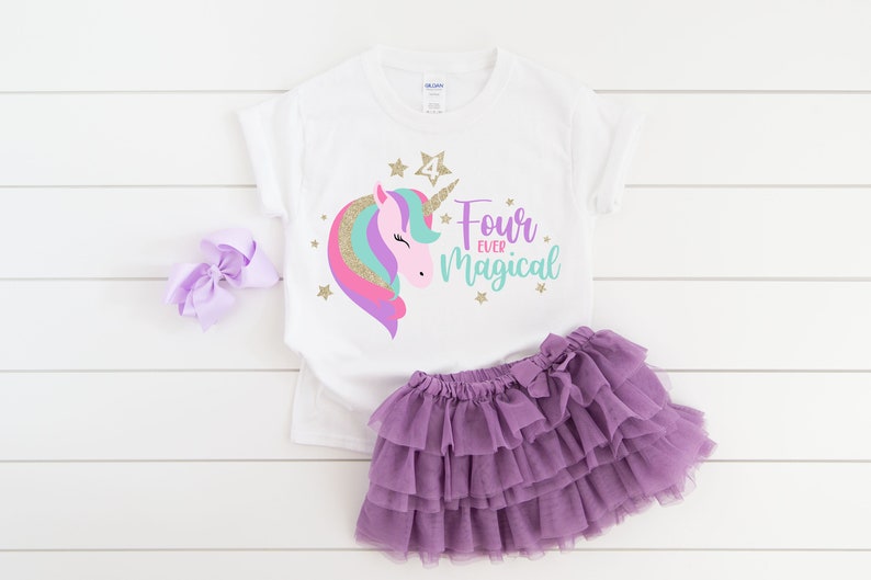 Unicorn 4th fourth four ever magical girl birthday shirt , unicorn birthday , unicorn shirt, unicorn birthday outfit, girl birthday shirt image 1