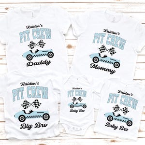 May include: White t-shirts and a onesie with a racing theme. Each shirt features the text "Kaiden's PIT CREW" above a light blue race car graphic and the words "Daddy", "Mommy", "Big Bro", and "Baby Bro".
