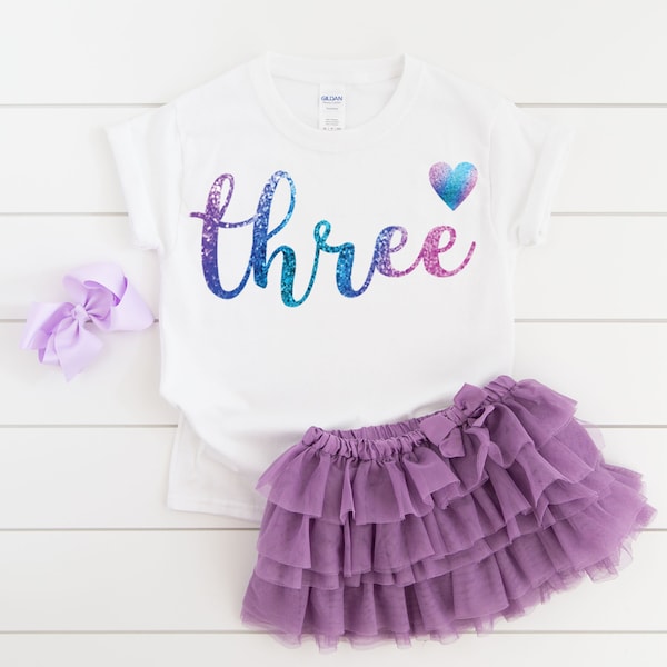 Filles 3ème troisième anniversaire coeur arc-en-ciel tenue de chemise de trois ans, chemise d'anniversaire fille, chemise d'anniversaire de 3 ans, chemise de troisième anniversaire