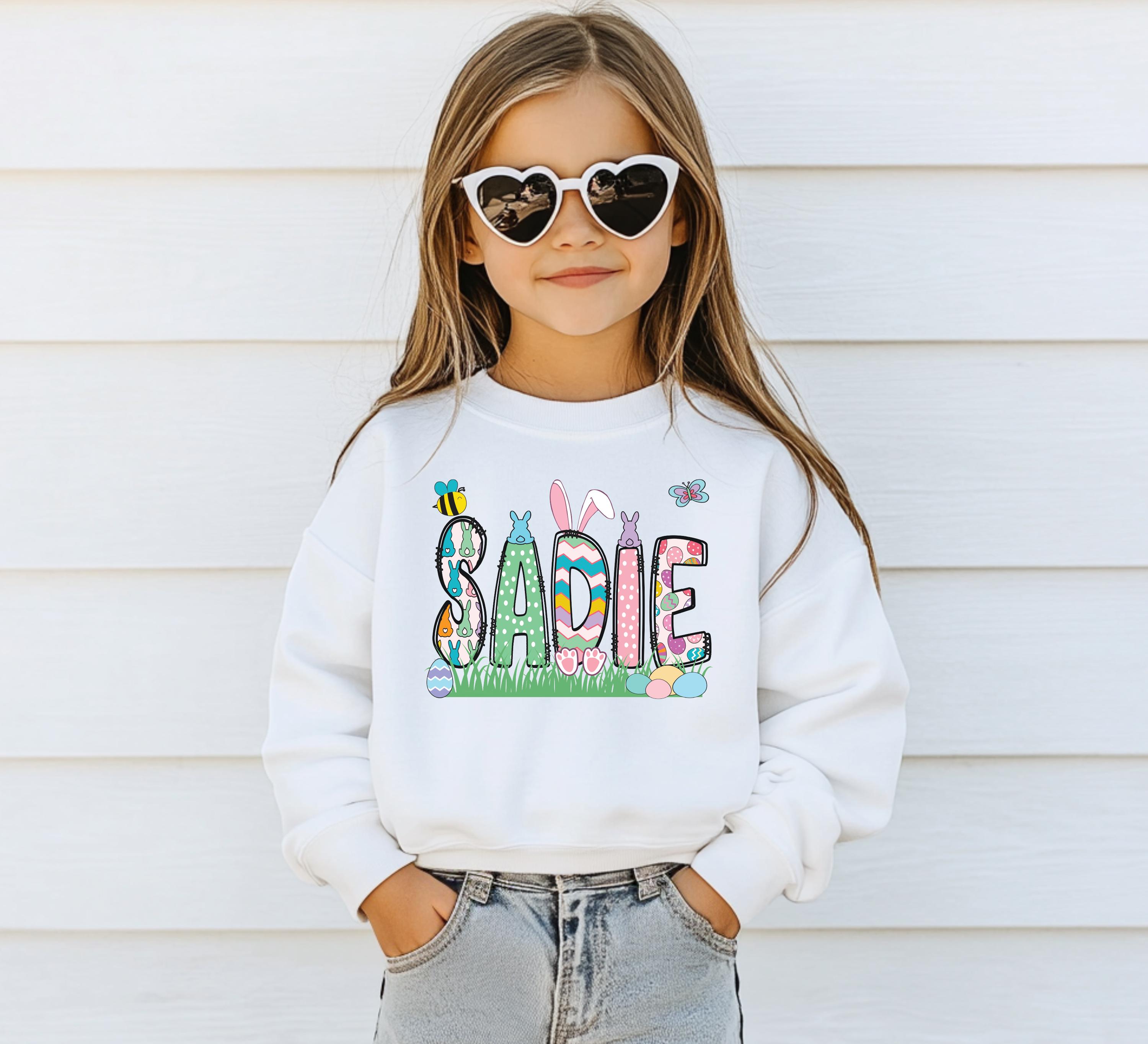 Mädchen Personalisierter Osterpullover, Kinder Ostershirt, Kleinkind Ostern, Osterpullover, Retro Ostern, Kinder Ostergeschenk, personalisiertes Shirt