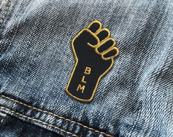 Charity Fundraiser Iron On Patch | Black Lives Matter BLM Raised Fist Resist Patch | Black and Gold | Embroidered Applique