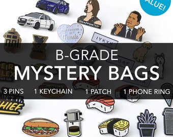 B-Grade Mystery Bags - Assorted | Limited Quantities! | Blind Box Random Bags | Lapel Soft Hard Enamel Pins | Keychain | Patch | Phone Ring