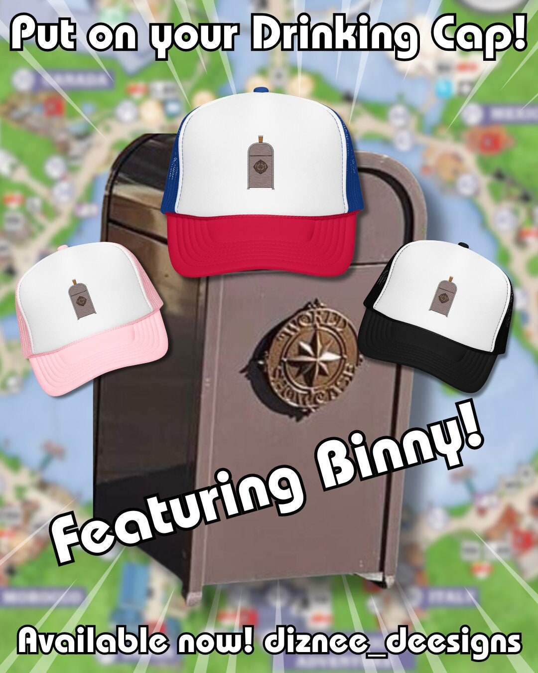Binny Trash Can Epcot World Showcase Drinking Trucker Hat Etsy