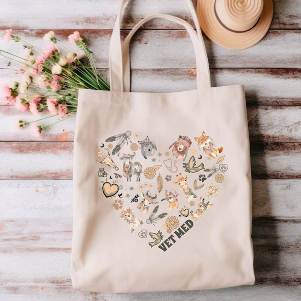 Vet Med Love Tote | Veterinary Medicine Heart Collage Bag | Vet Student, Vet Tech, Veterinarian Gift | Bohemian-style Tote Bag for Vet Staff