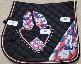 Mickey Mouse Horse English Saddle Pad with Matching Fly Bonnet Ear Net Fly Veil Mask Hood Cotton Hand Made Crochet