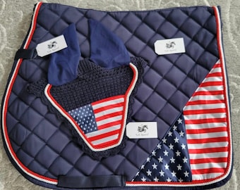 Navy Blue USA American Flag All purpose English Saddle Pad with Matching Fly Bonnet Ear Net Fly Veil Memorial Day Independence Day