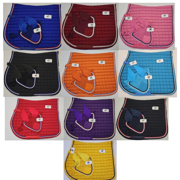 Horse English Saddle Pad with Matching Fly Bonnet Veil Ear Net 6 Colors with Double Piping Hand Made with  Cotton