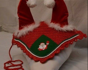 Horse Christmas Santa Claus Fly Bonnet with Ears NET Breathable Cotton Hand Made Crochet TACK Shows Equestrian Fly Veil Hood Mask