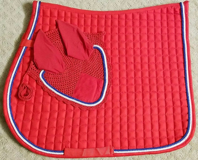 Horse Full English Saddle Pad Matching Fly Bonnet Ear Net Fly Veil Net 4.75 Flex Safety Stirrups Stainless Steel