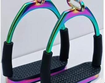PRO IRON GEAR Rainbow Offset Horse Safety Stirrups – Flexible 4.75'' Bendy Iron Steel