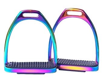 Lift Sports 5" Horse Riding Safety Stirrups English Rainbow Multi Color Gloss Finish Iron Stainless Steel