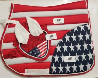 USA American Flag Horse English Saddle Pad set with Matching Fly Bonnet Ear Net Veil Mask Hood Cotton Hand Made Crochet