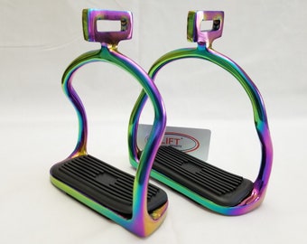 Rainbow Multi Color 4.75 Inch Horse Safety Saddle Stirrups Double Bend Stainless Steel Equine Tack Shows Iron