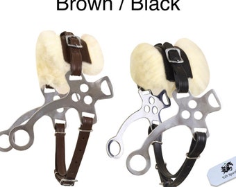 Black/Brown Leather with Fur Hackamore Bitless Horse Bit English Western Adjustable Original Bridle Stainless Steel