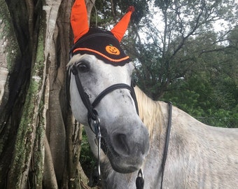 Halloween Pumpkin Horse Bonnet Ear Net Fly Veil Hood Mask Crochet Hand Made