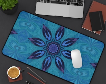 Blue Mandala Desk Mat | Kaleidoscope Office Decor, Art Lover Gift