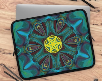 Teal Kaleidoscope Mandala Laptop Sleeve | Geometric Floral Pattern