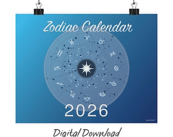 Printable Zodiac Calendar 2026 – Minimalist Monthly Planner, 8.5x11 Instant Download, Simple Gradient Wall Calendar