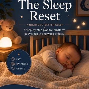 Può includere: Immagine promozionale per il programma "The Sleep Reset". L'immagine presenta un bambino che dorme, un orsacchiotto e una luce notturna. Il testo sull'immagine include "7 notti per dormire meglio" e "Dormire meglio entro la settima notte."