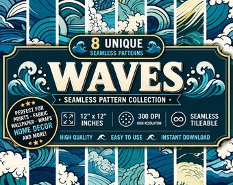 8 Seamless Waves Patterns. Waves Background. Sublimation Design. Digital Paper.