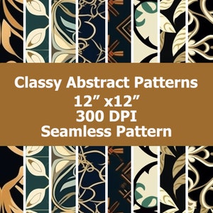 Könnte beinhalten: Ein Satz nahtloser Muster mit einer Größe von 30,5 cm x 30,5 cm, die abstrakte Designs in Gold, Schwarz und Türkis zeigen. Die Muster haben eine Auflösung von 300 DPI und eignen sich perfekt für den digitalen Druck oder Bastelprojekte.