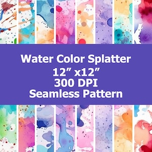 May include: A seamless pattern of watercolor splatters in various shades of pink, blue, yellow, and orange. The pattern is 12 inches by 12 inches and 300 DPI.