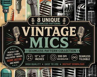 Vintage Microphone Seamless Pattern: Retro Mic Background (Digital Paper)
