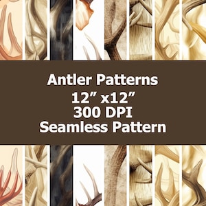 May include: A seamless pattern featuring a repeating design of antlers in various shades of brown and beige. The pattern is 12 inches by 12 inches and has a resolution of 300 DPI. Antler Patterns 12" x12" 300 DPI Seamless Pattern