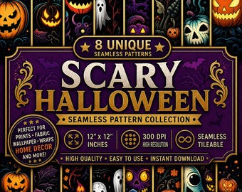 8 Scary Halloween Seamless Patterns: Spooky Digital Paper (PNG, SVG)