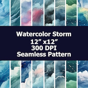 May include: Seamless watercolor pattern featuring a stormy sky with clouds, rain, and stars. The pattern is 12 inches by 12 inches and 300 DPI.