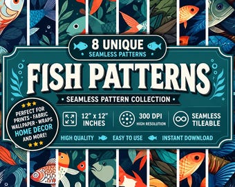8 Seamless Fish Patterns. Fish Background. Sublimation Design. Digital Paper