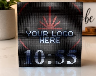 Personalized LED Matrix Clock | Custom Logo RGB Pixel Display | Gamer Desk Setup Decor | Retro LED Digital Clock