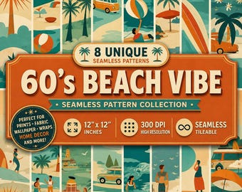 60s Beach Vibe Seamless Pattern: Retro Digital Paper (PNG)